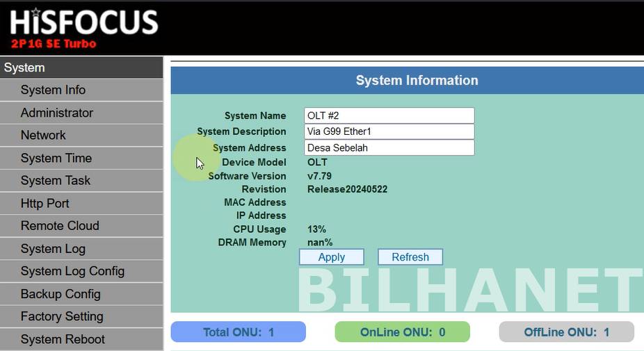 Firmware V779 OLT HisFocus 2P1G Special Edition Turbo Cooler 2 PON Stabil